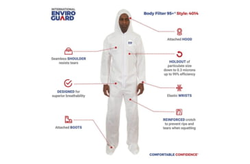 Image of International Enviroguard Body Filter 95+ 4014 Coverall w/Hood, Boot, Elastic Wrist & Ankle, White, L, Case of 25, 4014L
