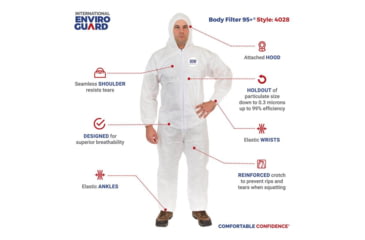 Image of International Enviroguard Body Filter 95+ 4028 Coverall w/Hood, Elastic Wrist & Ankle, White, 2XL, Case of 25, 4028XXL