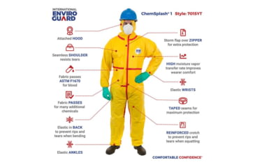Image of International Enviroguard ChemSplash 1 Coverall w/Hood, Elastic Wrist & Ankle, Yellow, L, 6 Pack, 7015T-L