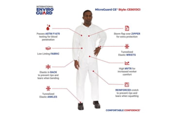 Image of International Enviroguard MicroGuard CE Coverall, Tunnelized Elastic Wrist &amp; Ankle, White, L, Case of 25, CE8013CI-L