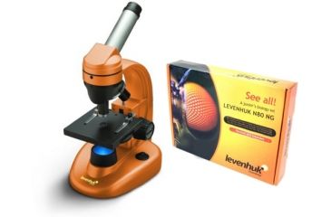 Image of Levenhuk 1280x NG Microscope, Orange, with Levenhuk See All Prepared Slides Set