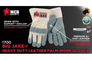 Image of MCR Safety Big Jake Premium A+ Side Leather Palm Work Gloves, Sewn with DuPont Kevlar, 2 3/4in Safety Cuff, Gray, Large, 1700L