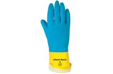 Image of MCR Safety Chem-Tech Neoprene over Latex Gloves, 28 mil Thickness, 12in Length, Blue/Yellow, Medium, 5408S