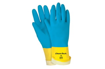 Image of MCR Safety Chem-Tech Neoprene over Latex Gloves, 28 mil Thickness, 12in Length, Blue/Yellow, Medium, 5408S