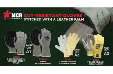 Image of MCR Safety Cut Pro 7 Gauge Kevlar Shell Cut Resistant Work Gloves, Split Leather Palm, Gray, Large, 9686L