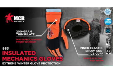 Image of MCR Safety Insulated Mechanics Gloves, 200 gram Thinsulate Lining, MAXGrid Material Palm, Inner Elastic Snow and Ice Cuff, Black/Hi-Vis Orange, X - Large, 983XL