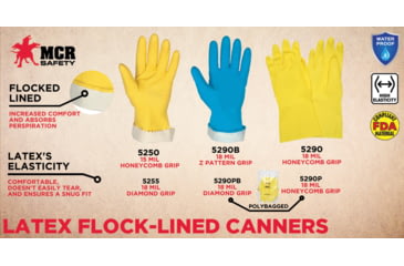 Image of MCR Safety Long Flock Lined Rubber Latex Gloves, 18 mil Thickness, 12in Length, Industry Standard Grade, Blue, Medium, 5280B
