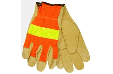 Image of MCR Safety Luminator Hi-Vis Leather Drivers Work Gloves, Premium Grade Grain Pigskin with Mesh Back, Reflective Stripe, Beige, Medium, 34111M