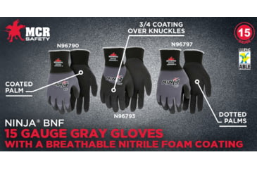 Image of MCR Safety Ninja BNF Work Gloves, 15 Gauge Nylon/Spandex Shell, NFT Coated Palm and Fingertips, Black/Gray, X - Large, N96790XL