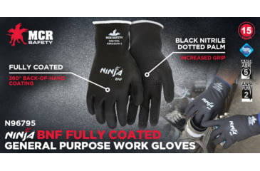 Image of MCR Safety Ninja BNF Work Gloves, 15 Gauge Nylon/Spandex Shell, NFT Fully Coated, Black, X - Large, N96795XL