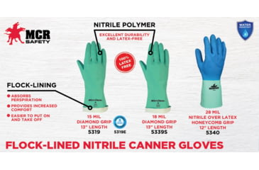 Image of MCR Safety Nitri-Chem Flock Lined Nitrile Gloves, Industrial Grade, 13in Length, 18 mil Thickness, Green, Small, 5337S