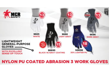 Image of MCR Safety NXG Work Gloves 13 Gauge Nylon Shell, PU Palm and Fingertips, Gray, Small, 9666S