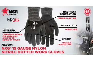 Image of MCR Safety NXG Work Gloves, 15 Gauge Nylon Spandex Shell, Bi-Polymer Coated Palm, Fingers, and Over Knuckles, Nitrile Dotted Palm, Black, X - Large, MG9694XL