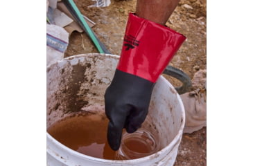 Image of MCR Safety PredaStretch Work Gloves, 18 Gauge Seamless Nylon Shell, Full PVC Nitrile Coating with Sandy Finish, 12in Gauntlet Cuff, Red and Black, Small, MG9648S
