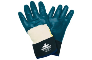 Image of MCR Safety Predator Series Over the Knuckle Nitrile Coated Work Gloves, Palm Reinforced with DuPont Kevlar, Safety Cuff and Jersey Lined, Blue/White, Large, 9760K