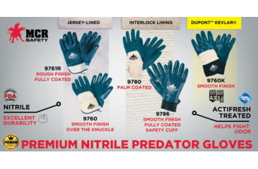 Image of MCR Safety Predator Series Over the Knuckle Nitrile Coated Work Gloves, Palm Reinforced with DuPont Kevlar, Safety Cuff and Jersey Lined, Blue/White, Large, 9760K