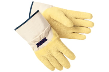 Image of MCR Safety Rubber Coated Canvas Work Gloves, Crinkle Texture Finish, Rubberized Safety Cuff, Industrial Grade, Yellow/Natural, Large, 6800