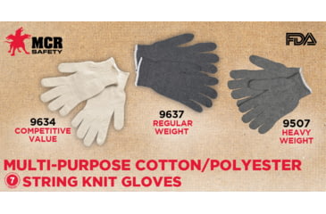 Image of MCR Safety String Knit Work Gloves, 7 Gauge Regular Weight, 70% Cotton/30% Polyester, Hemmed Cuff, Gray, Small, 9637S