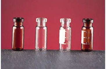 Image of National Scientific Wide Opening Crimp-Top Vials, National Scientific C4011-LV2 Amber Vials Macrovial Fused Insert Snap-It Vials