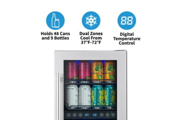 Image of NewAir 15in Premium Built-in Dual Zonen Wine/Beverage Fridge, Black/Stainless Steel, 9 Bottles and 48 Cans, NWB057SS00