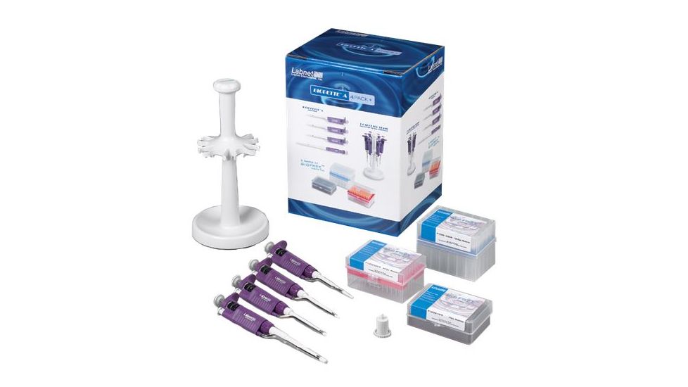 Labnet BioPette Plus 4 Pack Plus Starter Kit - 4 Pipettes,0.5-10ul,2-20ul,20 to 200ul,100-1000ul,3 Racks of BioFree Tips and 6 Place Carousel Stand P3940-SK4