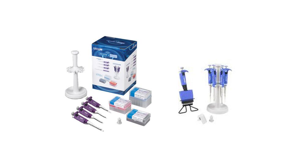 Labnet BioPette Plus 4 Pack Plus Starter Kit - 4 Pipettes,0.5-10ul,2-20ul,20 to 200ul,100-1000ul,3 Racks of BioFree Tips and 6 Place Carousel Stand P3940-SK4 with FREE BioPette Plus 100-1000Âµl single P3940-SK4-KIT3