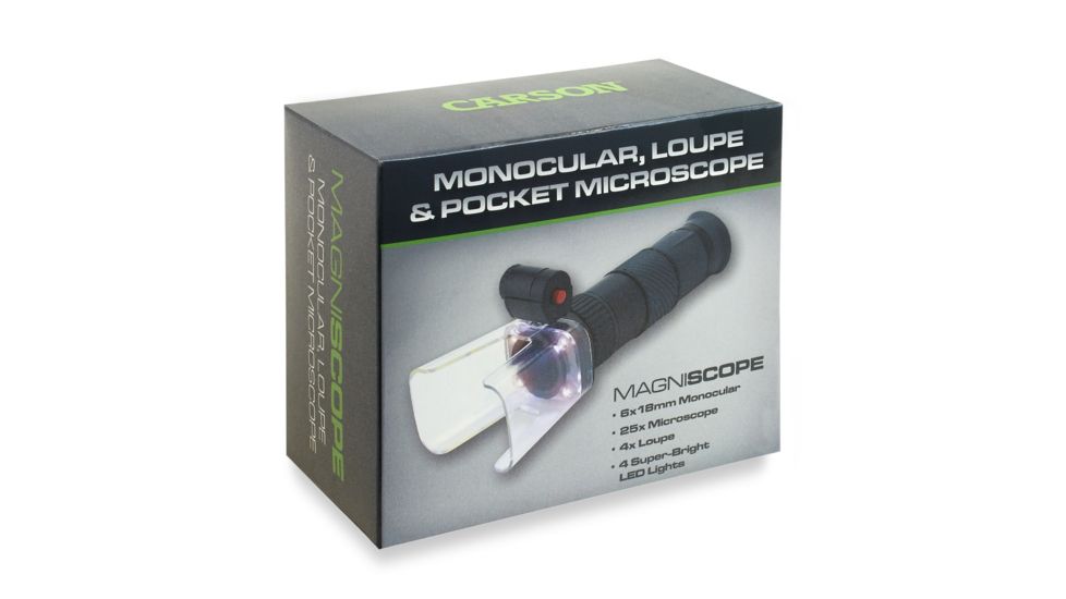CARSON 6x18mm Monocular, 25x Microscope, 4x Loupe w/ 4 LED Lights, Black/Gray MA-60