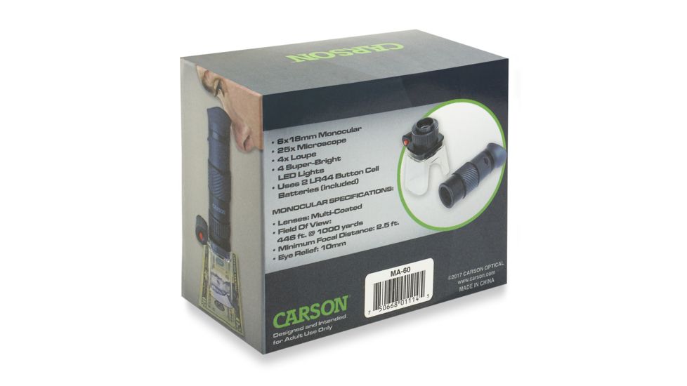 CARSON 6x18mm Monocular, 25x Microscope, 4x Loupe w/ 4 LED Lights, Black/Gray MA-60