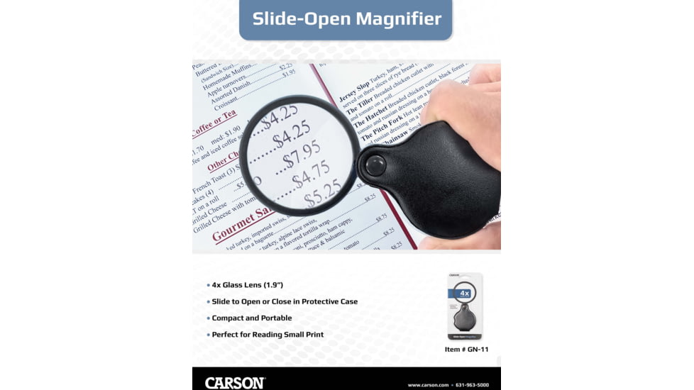 Carson Slide-OpenGlass Magnifier 4x w/Attached Case, Black, Small, GN-11
