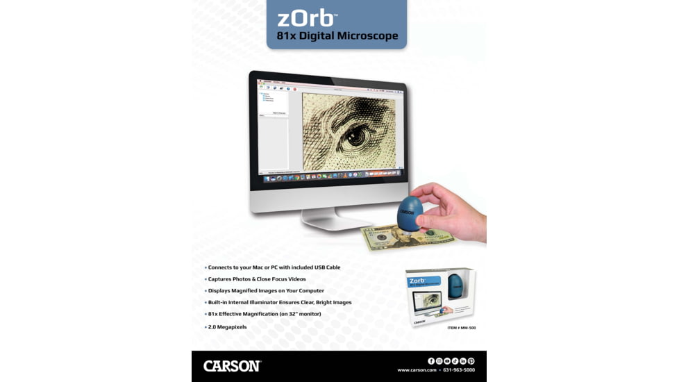 Carson zOrb LED Lighted USB Digital Computer Microscope, Blue, Small, MM-500