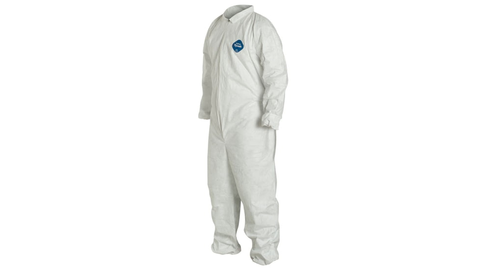 DuPont Tyvek 400 Coverall, Collar, Stormflap, Elastic Wrists/Ankles/ Waist, Serged Seams, White, Medium, Case of 25, TY125SWHMD00