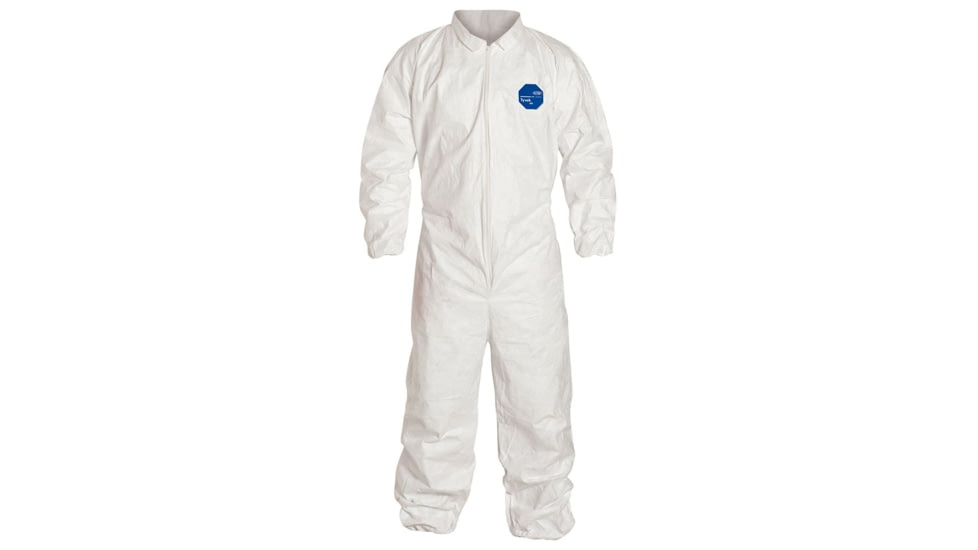 DuPont Tyvek 400 Coverall, Collar, Stormflap, Elastic Wrists/Ankles/ Waist, Serged Seams, White, Medium, Case of 25, TY125SWHMD00