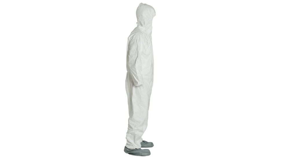 DuPont Tyvek 400 Coverall w/Respirator Fit Hood and Attached Skid-Resistant Boots, Elastic Wrists, Waist, White, M, Case of 25, TY122SWHMD00