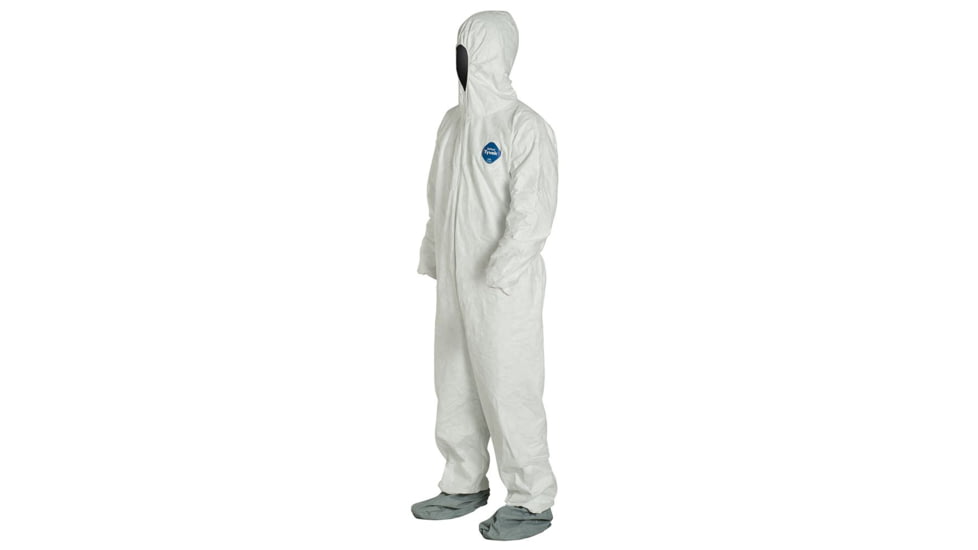 DuPont Tyvek 400 Coverall w/Respirator Fit Hood and Attached Skid-Resistant Boots, Elastic Wrists, Waist, White, M, Case of 25, TY122SWHMD00