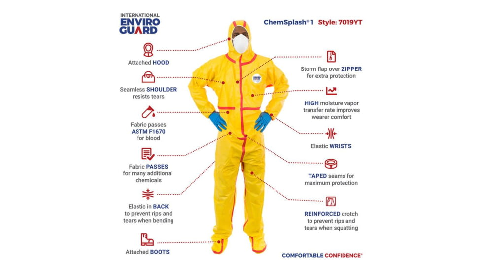 International Enviroguard ChemSplash 1 Coverall w/Hood &amp; Boot, Elastic Wrist &amp; Ankle, Yellow, L, 6 Pack, 7019T-L