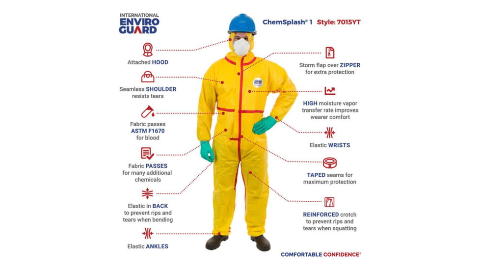International Enviroguard ChemSplash 1 Coverall w/Hood, Elastic Wrist & Ankle, Yellow, L, 6 Pack, 7015T-L