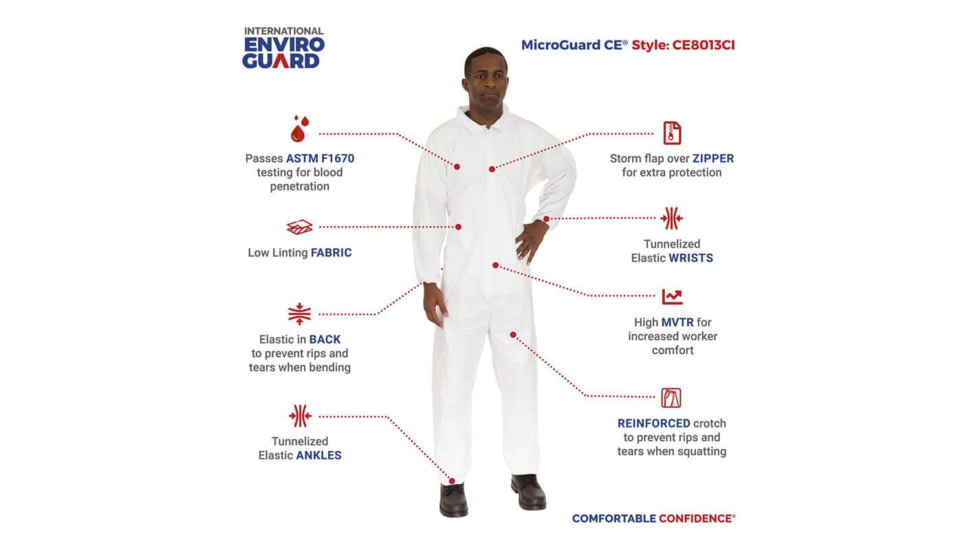 International Enviroguard MicroGuard CE Coverall, Tunnelized Elastic Wrist &amp; Ankle, White, L, Case of 25, CE8013CI-L