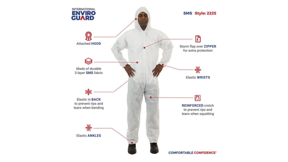 International Enviroguard SmallS 2225 Coverall w/Attached Hood, Elastic Wrist and Ankle, White, Large, 25EA 2225L