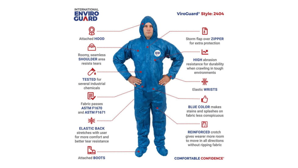 International Enviroguard ViroGuard 2404 Coverall w/Hood, Boot, Elastic Wrist and Back, Blue, Extra Large, Case 25, 2404-XL