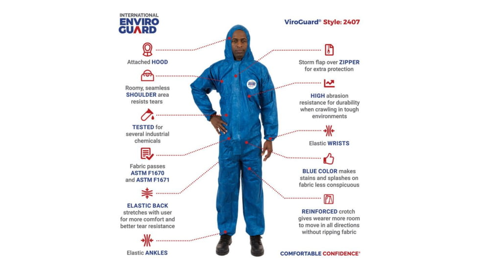 International Enviroguard ViroGuard 2407 Coverall w/Hood, Elastic Wrist and Back, Blue, L, Case 25, 2407-L