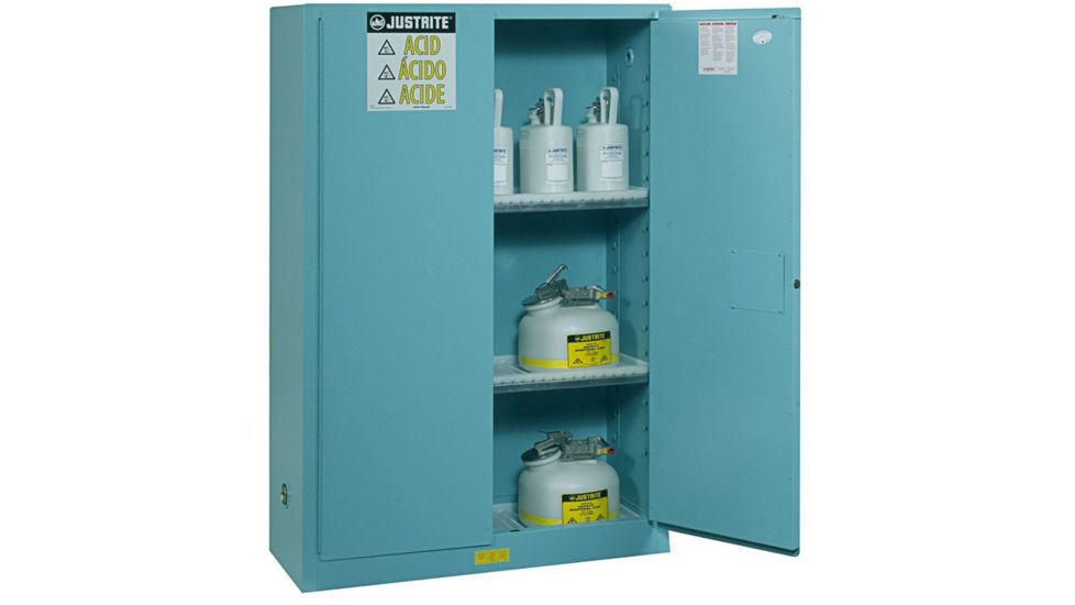 Justrite Corrosives/Acids Safety Cabinet, 30 Gallon, 1 Bi-Fold Self-Close Door, Blue, 8930822