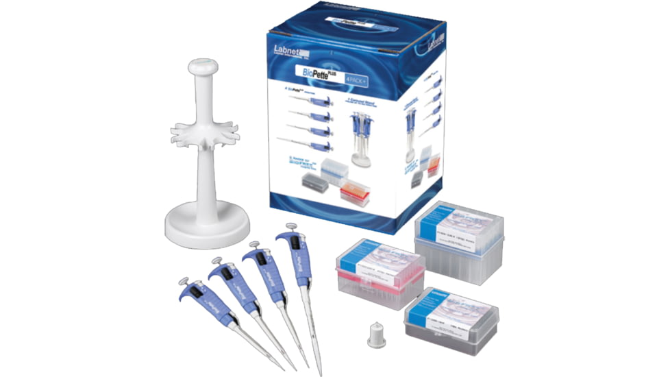Labnet Biopette Plus 4 Pack Plus Starter Kit,4 Pipettes,3 Racks of Biofree Tips,6 Place Carousel Stand P3942-SK4
