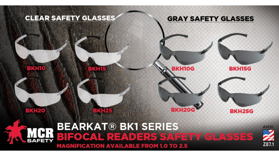 MCR Safety BearKat BK1 Series Bifocal Readers Safety Glasses, 2.5 Diopter, Gray, One Size, BKH25G
