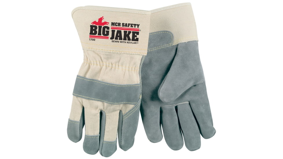 MCR Safety Big Jake Premium A+ Side Leather Palm Work Gloves, Sewn with DuPont Kevlar, 2 3/4in Safety Cuff, Gray, Large, 1700L