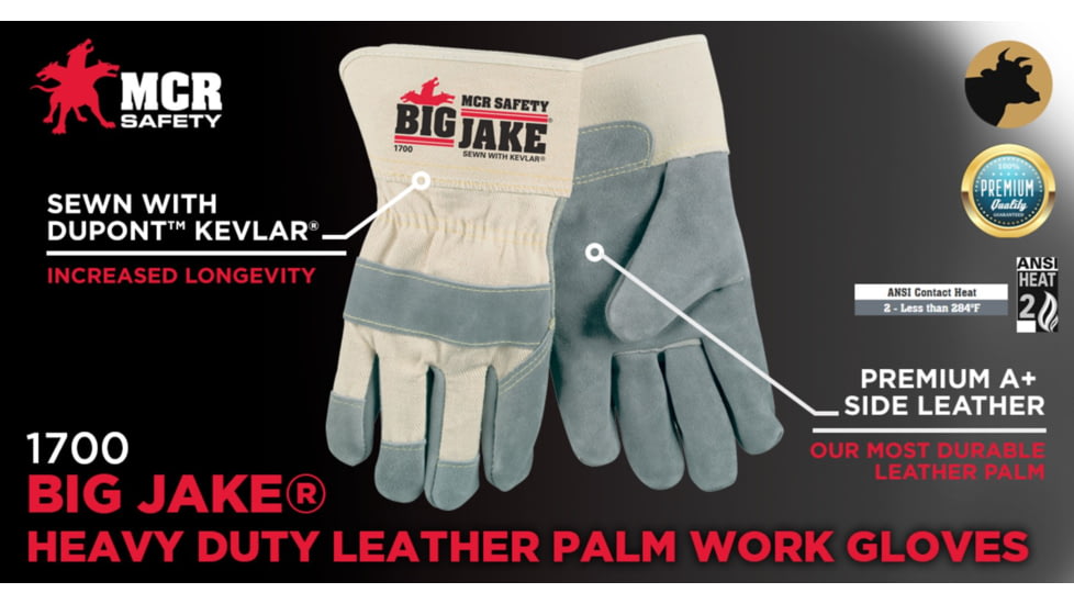 MCR Safety Big Jake Premium A+ Side Leather Palm Work Gloves, Sewn with DuPont Kevlar, 2 3/4in Safety Cuff, Gray, Large, 1700L