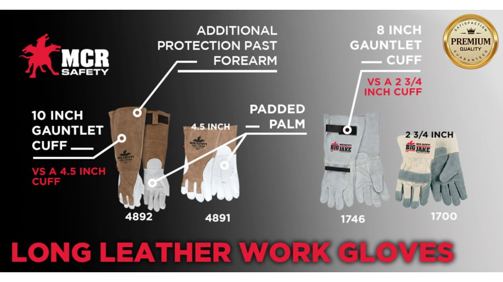 MCR Safety Big Jake Premium A+ Side Leather Palm Work Gloves, Sewn with DuPont Kevlar, 2 3/4in Safety Cuff, Gray, Large, 1700L