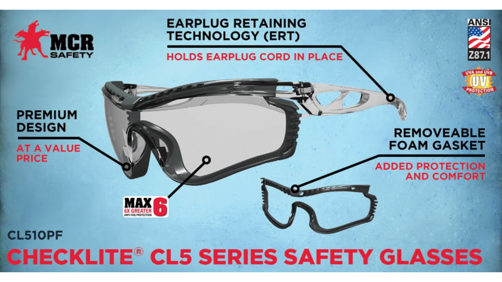 MCR Safety Checklite CL5 Series Safety Glasses, MAX6 Anti-Fog Lens, Removable Closed Cell Foam Gasket, Earplug Retaining Technology, Temples Hold Earplug Cord in Place, Clear, One Size, CL510PF