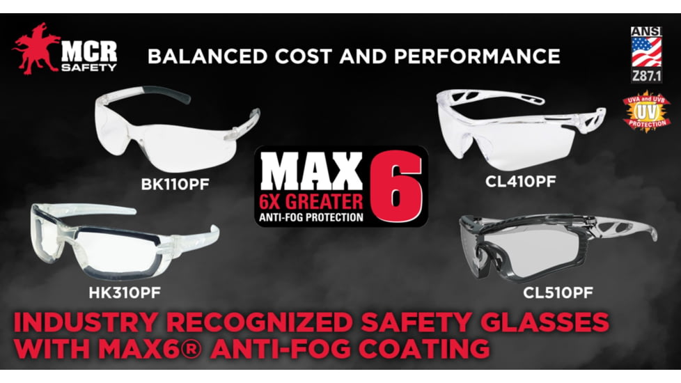 MCR Safety Checklite CL5 Series Safety Glasses, MAX6 Anti-Fog Lens, Removable Closed Cell Foam Gasket, Earplug Retaining Technology, Temples Hold Earplug Cord in Place, Clear, One Size, CL510PF