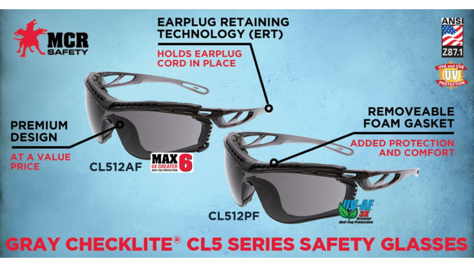 MCR Safety Checklite CL5 Series Safety Glasses, MAX6 Anti-Fog Lens, Removable Closed Cell Foam Gasket, Earplug Retaining Technology, Temples Hold Earplug Cord in Place, Gray, One Size, CL512PF