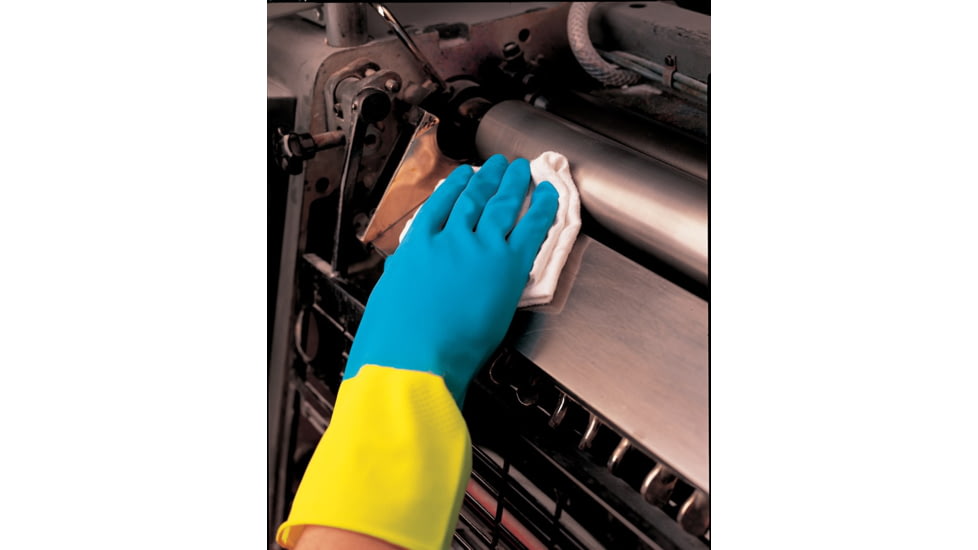 MCR Safety Chem-Tech Neoprene over Latex Gloves, 28 mil Thickness, 12in Length, Blue/Yellow, Medium, 5408S